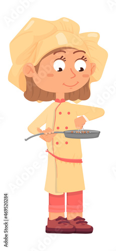 Girl seasoning food in frying pan. Cute cartoon chef kid