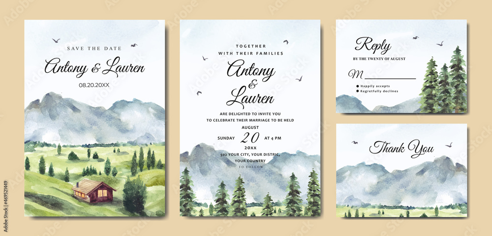 Wedding invitation set of green nature landscape with house and mountain watercolor