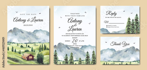 Wedding invitation set of green nature landscape with house and mountain watercolor