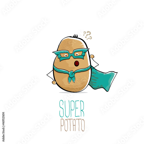 vector funny cartoon cute brown super hero potato with green hero cape and hero mask isolated on white background. My name is potato vector concept. super vegetable food character