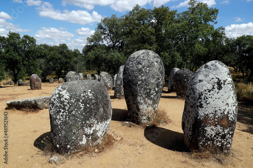 The Cromlech of the Almendres, a megalithic complex, one of largest existing group of structured menhirs in Europe, Evora, Alentejo, Portugal photo