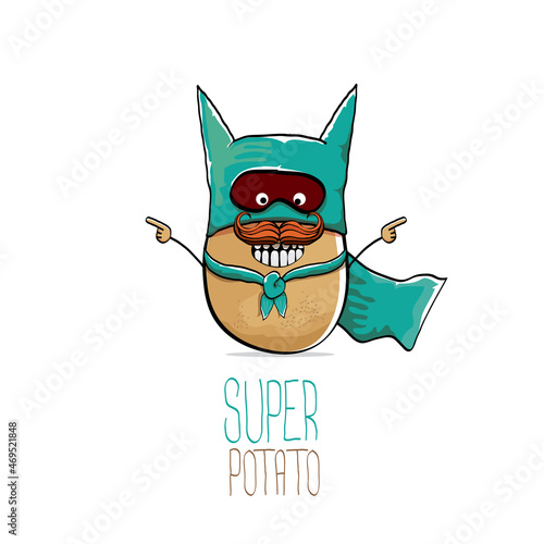vector funny cartoon cute brown super hero potato with green hero cape and hero mask isolated on white background. My name is potato vector concept. super vegetable food character