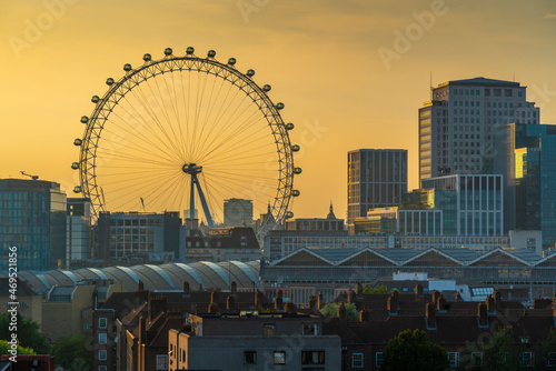 View of the London Eye and rooftop of Waterloo Station, Waterloo, London