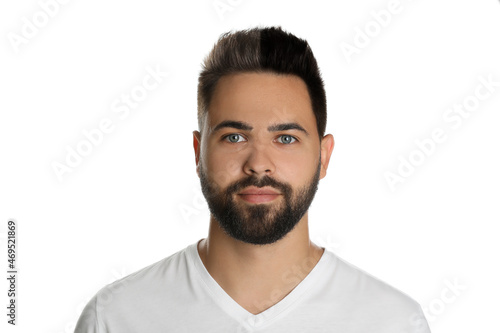 Handsome young man before and after hair dyeing on white background