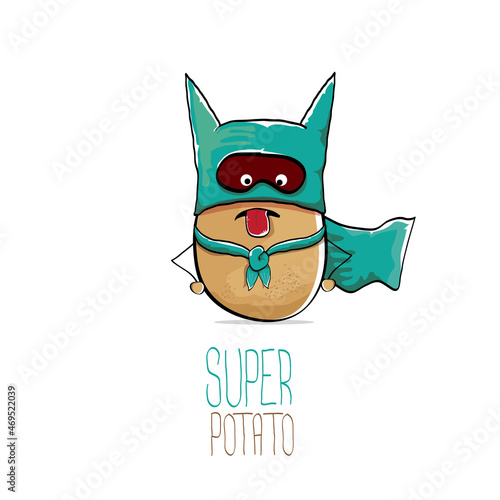 vector funny cartoon cute brown super hero potato with green hero cape and hero mask isolated on white background. My name is potato vector concept. super vegetable food character