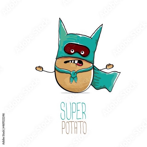 vector funny cartoon cute brown super hero potato with green hero cape and hero mask isolated on white background. My name is potato vector concept. super vegetable food character