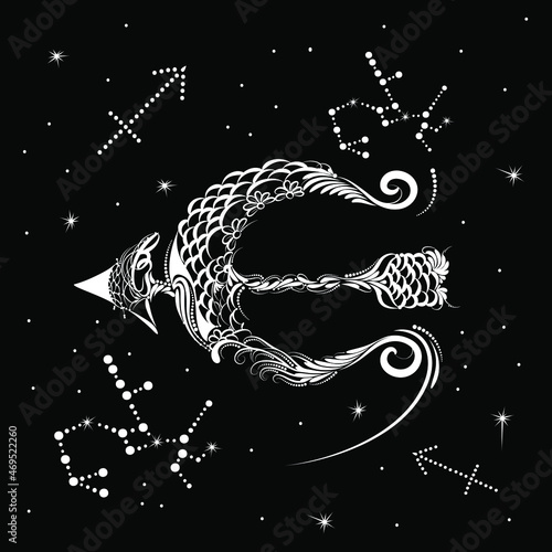 Sagittarius Zodiac sign. Horoscope constellation, stars.Black space with dots stars, shiny bokeh.Vector science background. Symbol, Astrology Illustration, Sagittarius silhouette