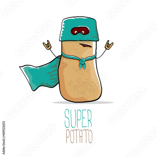 vector funny cartoon cute brown super hero potato with green hero cape and hero mask isolated on white background. My name is potato vector concept. super vegetable food character