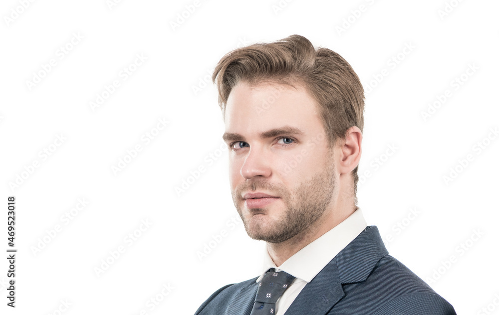Portrait of serious employee man in formal suit isolated on white copy space, professional Portrait of serious employee man in formal suit isolated on white copy space, professional