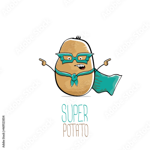 vector funny cartoon cute brown super hero potato with green hero cape and hero mask isolated on white background. My name is potato vector concept. super vegetable food character