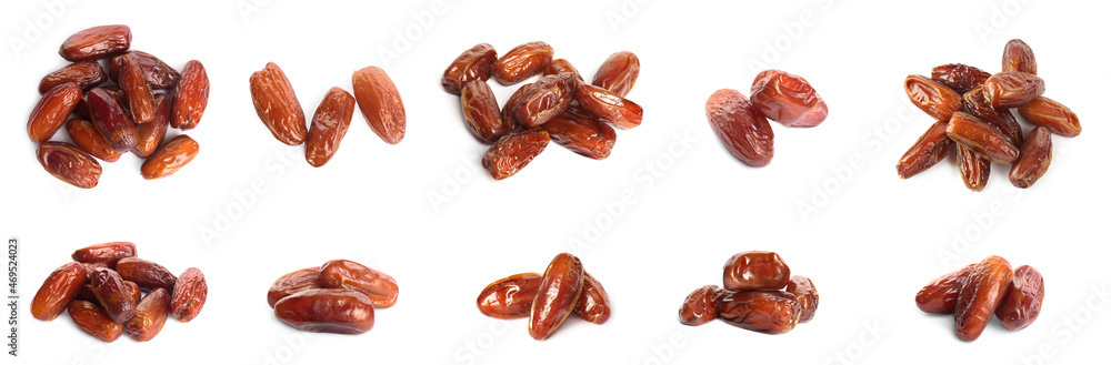 Set with tasty dried dates on white background. Banner design Set with tasty dried dates on white background. Banner design