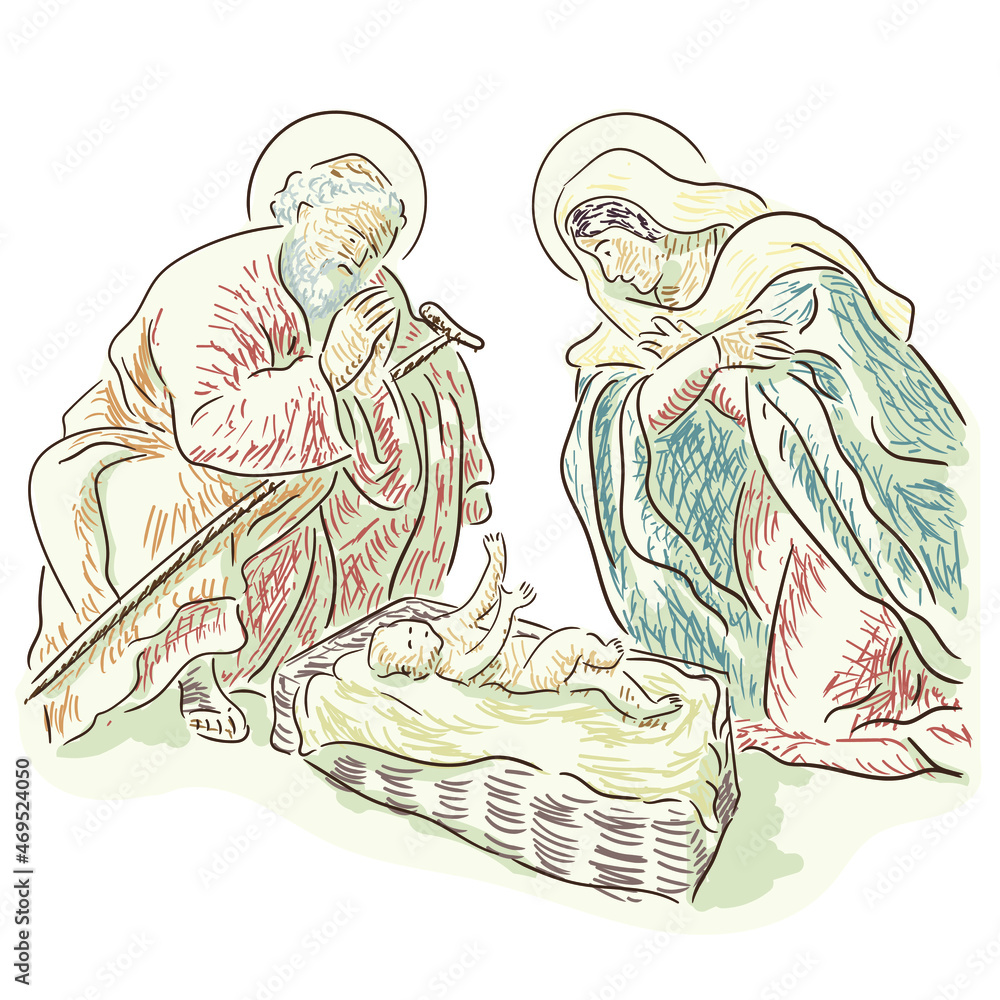 Birth of baby Jesus, image of the nativity scene, Christian religious holiday of Christmas.