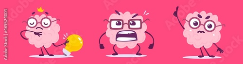 Vector set of creative illustration of happy and angry brain character in different pose. Flat doodle style knowledge concept design of emotional brain in glasses with light bulb