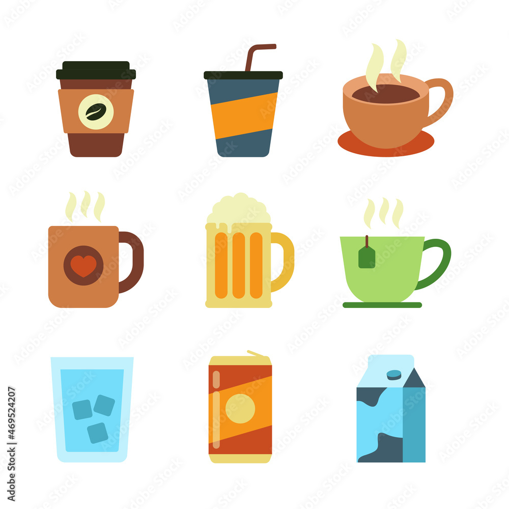 Set of drinks vector with simple design isolated on white background. Drink icons in flat style Set of drinks vector with simple design isolated on white background. Drink icons in flat style