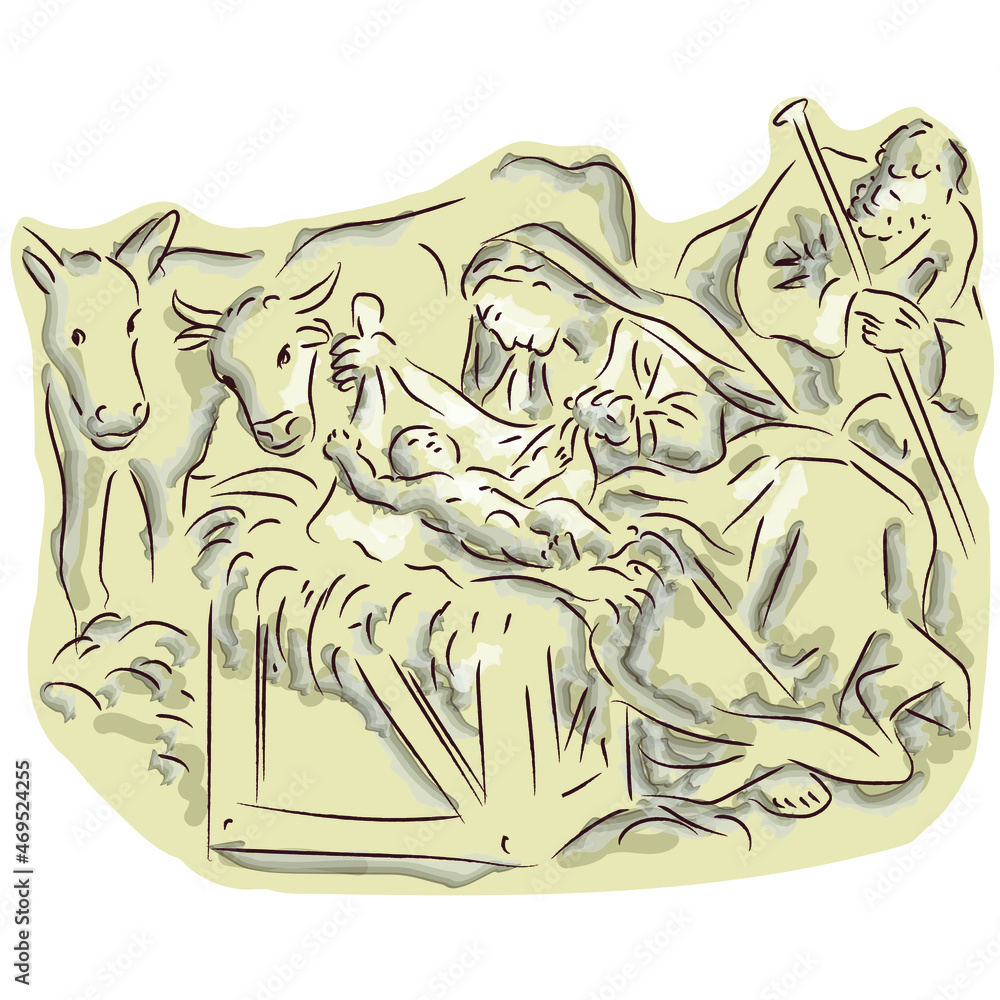 Birth of baby Jesus, image of the nativity scene, Christian religious holiday of Christmas. Birth of baby Jesus, image of the nativity scene, Christian religious holiday of Christmas.