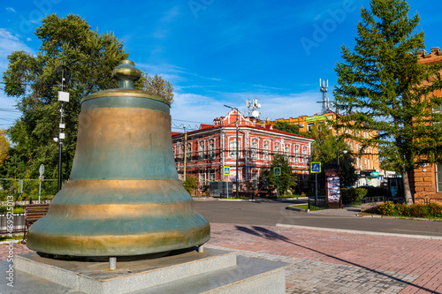 Old bell in front of Historic buildings, Minusinsk, Krasnoyarsk Krai