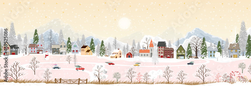 Seamless pattern Winter landscape at night in countryside background,Vector endless horizontal banner winter wonderland with house and forest pine tree,Backdrop for Celebrating Christmas and New Year