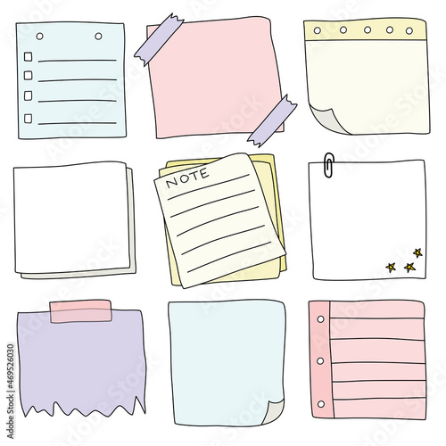 Hand drawn notepaper, doodle message sticky notes, paper note, vector illustration