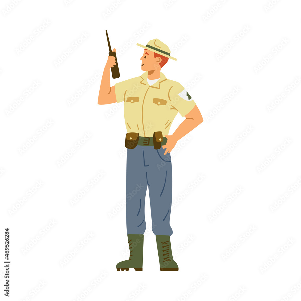 Park or reserve ranger talking on radio flat vector illustration isolated. Park or reserve ranger talking on radio flat vector illustration isolated.