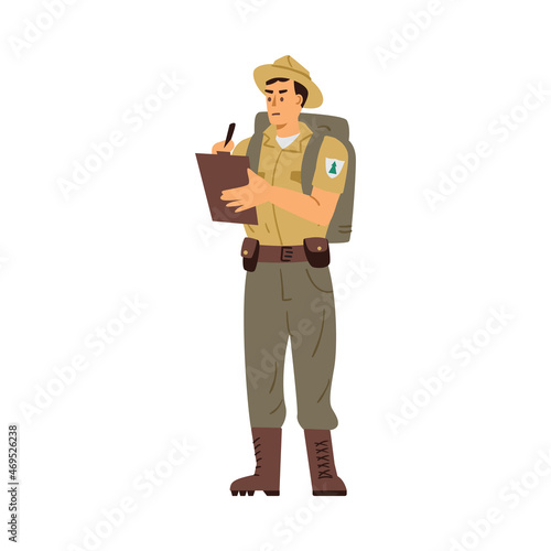 Ranger making accounts of natural resources, flat vector illustration isolated.