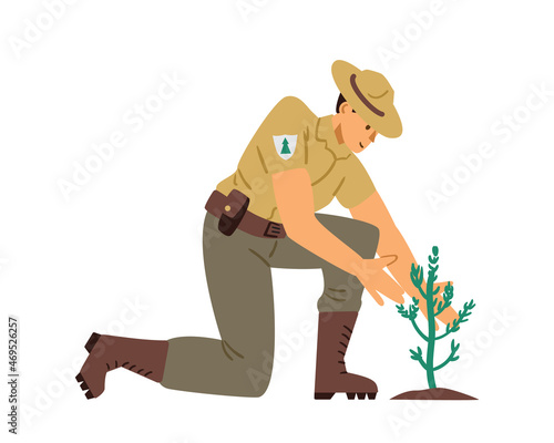 Ranger or forester monitors new plantings, flat vector illustration isolated.