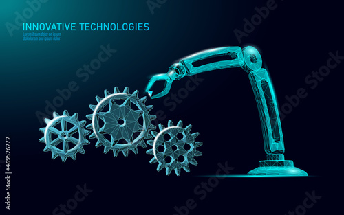 Robot arm low poly manipulator. Part construct assembly triangle shape. Polygonal connected dots 3D render robotic artificial machinery innovation technology hand vector illustration