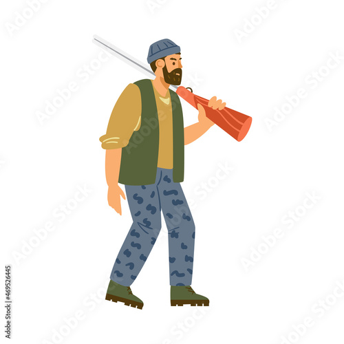 Hunter or poacher male character with rifle flat vector illustration isolated.