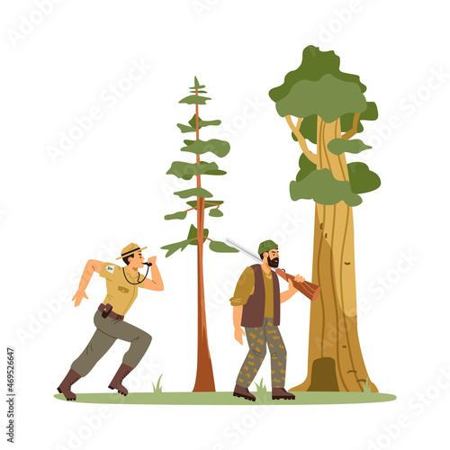 Ranger catches poachers in nature reserve flat vector illustrations set isolated.