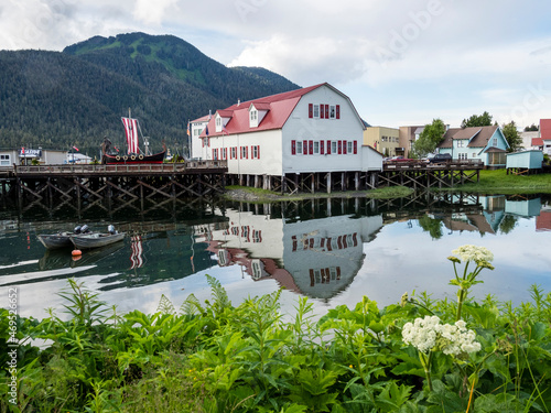 The Sons of Norway Hall reflected in the slough in Petersburg, Southeast Alaska