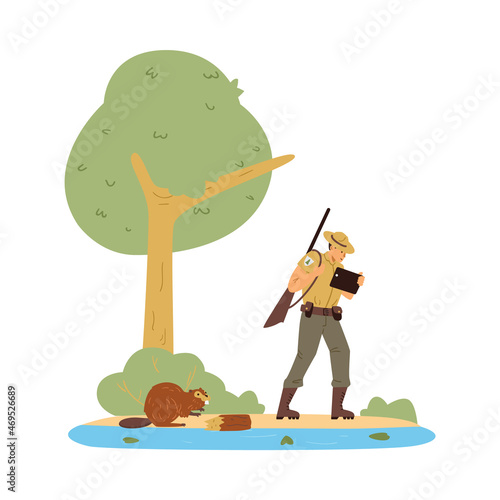 Ranger or forester bypasses forest or nature reserve, flat vector isolated.