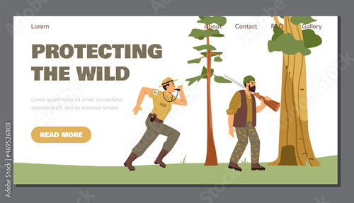 Protecting the wild web page for reserve rangers, flat vector illustration.
