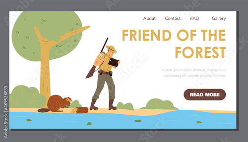 Ranger and keeper of park and forest services website, flat vector illustration.