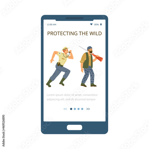 Onboarding mobile page with ranger chases a poacher, flat vector illustration.