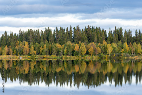 Calm waters of a Swedish lake near Kiruna reflect the encircling evergreens and autumnal trees in a peaceful, symmetrical embrace.