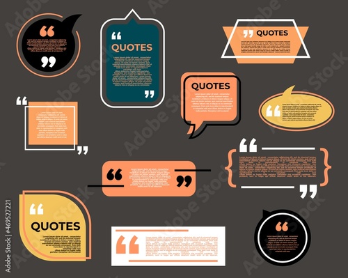Quote bubble boxes, chat messages and comment note quotes, vector icons. Text or speech quote bubble frames for talk or dialog banners, quotations with comma borders and remark citation boxes