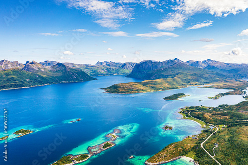 Aerial view of Bergsoyan Islands and Bergsbotn scenic route along the fjord, Skaland, Senja, Troms county, Norway, Scandinavia