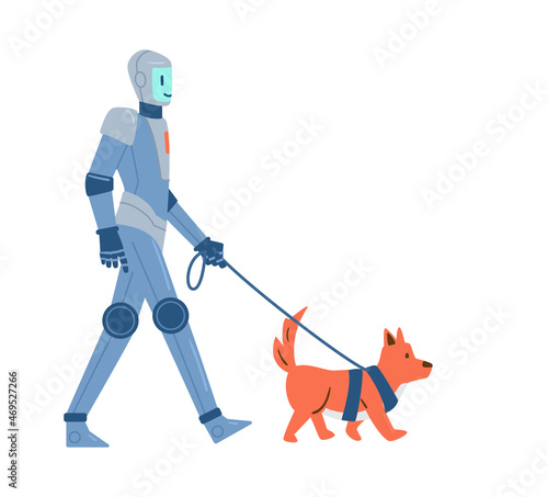 Household robot assistant walking with dog, flat vector illustration isolated.