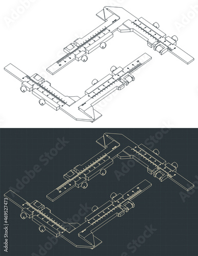 Analog stainless steel gear tooth vernier caliper isometric blueprints