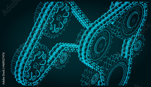 Chain drive and gears closeup