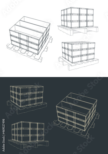 Plastic boxes on wooden pallets sketches Set