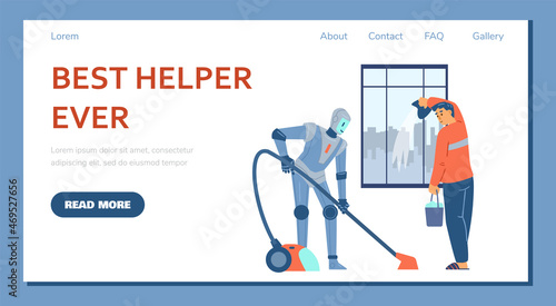 Robot helper website with robotic assistant ironing, flat vector illustration.