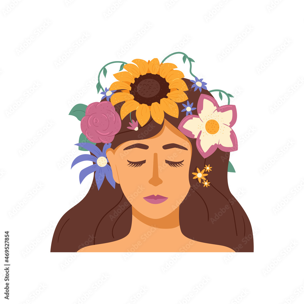 Woman with calm face and blooming flowers on the head, flat vector illustration isolated on white background.