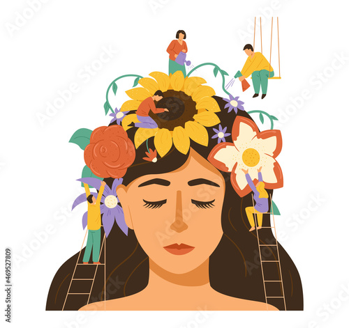 Flowers blossom on womans head as symbol of mental health, flat vector illustration isolated on white background.