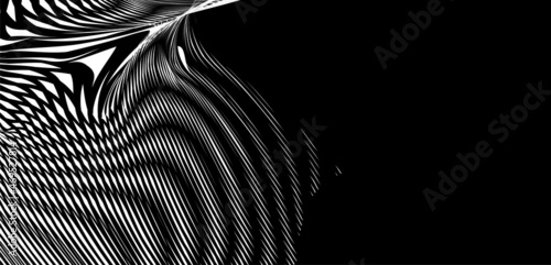 Trendy wave abstract banner with stripes deformation effect on black background. Modern backdrop saver for web design, business card, mobile apps, poster, banner, package.