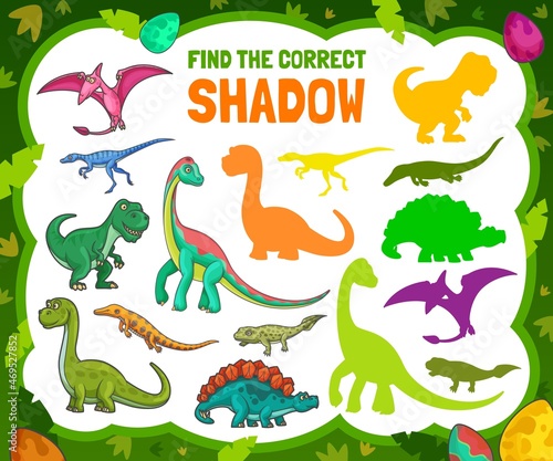 Find the correct shadow of cartoon dinosaurs. Vector kids game choose right dino silhouette  riddle with cute jurassic ages funny animals. Children educational worksheet  mind development puzzle task