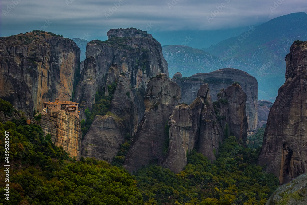 aerial landscape gorgeous view of Meteora famous heritage place, Christian monastery in picturesque mountains and rocks