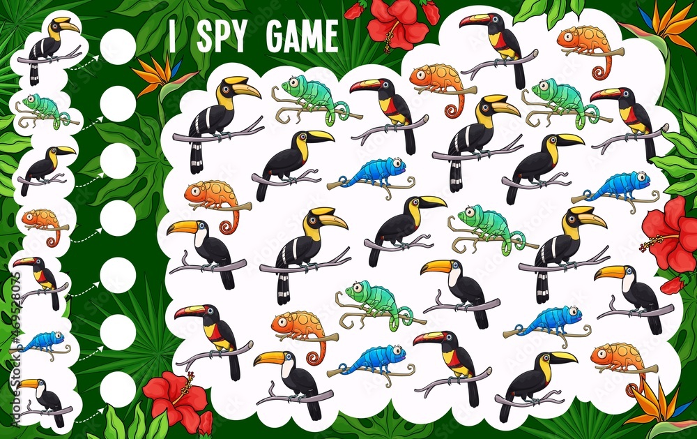 Kids I spy game, cartoon toucan and chameleons, vector find and match board game. Kids tabletop puzzle or I spy game with tropical birds and chameleon lizard in jungle palms and flowers Kids I spy game, cartoon toucan and chameleons, vector find and match board game. Kids tabletop puzzle or I spy game with tropical birds and chameleon lizard in jungle palms and flowers
