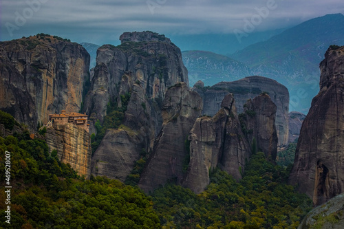 aerial landscape gorgeous view of Meteora famous heritage place, Christian monastery in picturesque mountains and rocks © Артём Князь