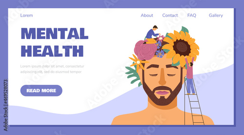 Man with calm face and flowers on the head, mental health landing page template - flat vector illustration.