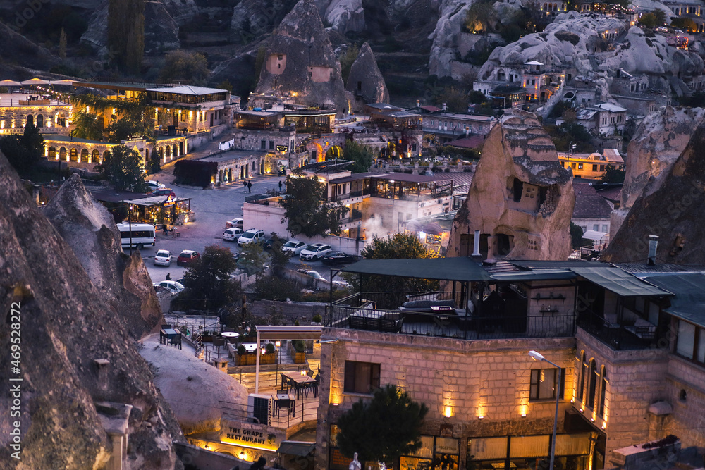 beautiful view of the city in the mountains of Cappadocia at sunset